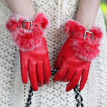 WARMEN Brand Ladies Genuine Lambskin Leather Gloves with Rabbit Fur Cuff and Buckle Design L057PN
