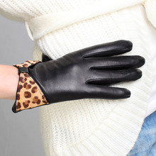 WARMEN Brand Ladies Genuine Lambskin Leather Gloves with Leopard Bow L100NQ