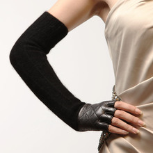 WARMEN Brand Ladies Opera Long Genuine Lambskin Leather & Wool Cashmere Half Finger Gloves 2 colors available L111NQ