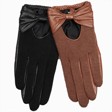 Warmen Brand Ladies Wool & Leather Mixed Gloves Open Back with Bow Decoration 2 color available L133NN