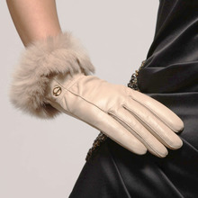 ELMA Brand Ladies Genuine Nappa Leather Gloves with Gold Plated Logo and Rabbit Fur Trim 3 Color available EL002PC