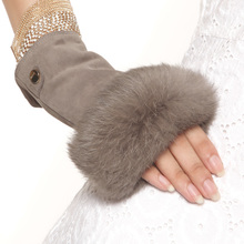 ELMA Brand Ladies Genuine Suede Leather Fingerless Gloves with supple rabbit fur trim 6 colors available EL019NC